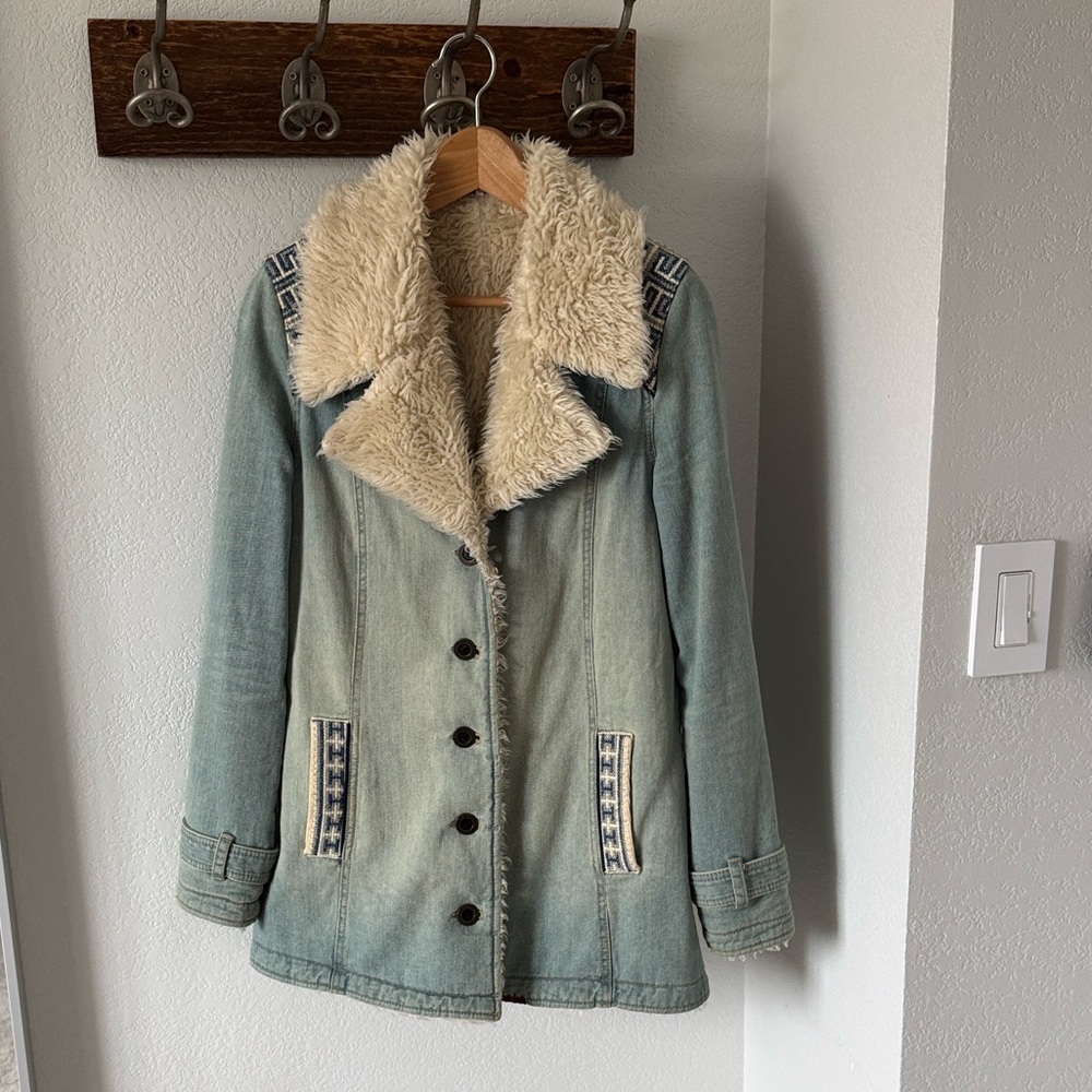 Free People Blue Denim Jacket with Cream Sherpa Collar